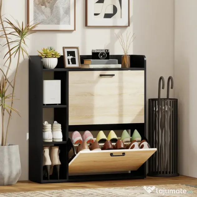 HOMCOM Dulap pentru pantofi slim cu 2 sertare și 3 compartimente deschise, Capacitate 15 perechi, 83x24x90.5 cm, Negru | Aosom Romania
