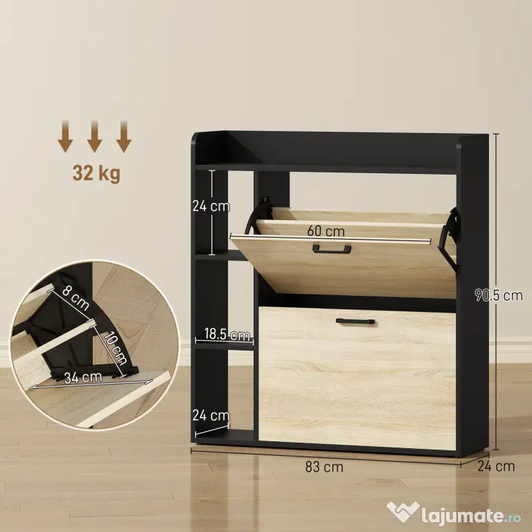 HOMCOM Dulap pentru pantofi slim cu 2 sertare și 3 compartimente deschise, Capacitate 15 perechi, 83x24x90.5 cm, Negru | Aosom Romania