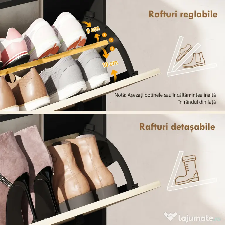 HOMCOM Dulap pentru pantofi slim cu 2 sertare și 3 compartimente deschise, Capacitate 15 perechi, 83x24x90.5 cm, Negru | Aosom Romania