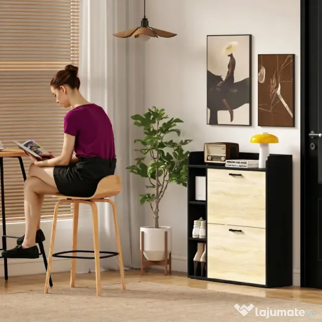 HOMCOM Dulap pentru pantofi slim cu 2 sertare și 3 compartimente deschise, Capacitate 15 perechi, 83x24x90.5 cm, Negru | Aosom Romania