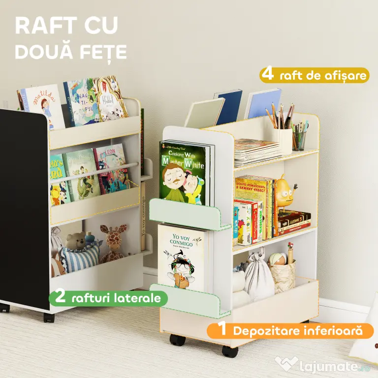 AIYAPLAY Bibliotecă pentru Copii 3-8 Ani pe Două Părți, Raft de Jucării cu Roți și Tablă Neagră, Alb | Aosom Romania