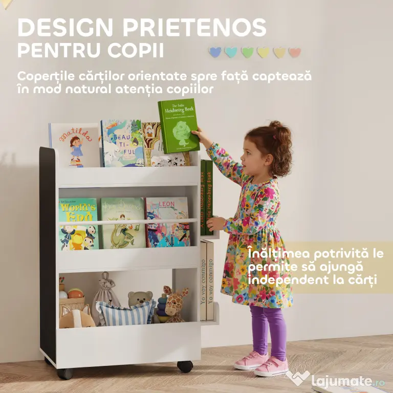 AIYAPLAY Bibliotecă pentru Copii 3-8 Ani pe Două Părți, Raft de Jucării cu Roți și Tablă Neagră, Alb | Aosom Romania