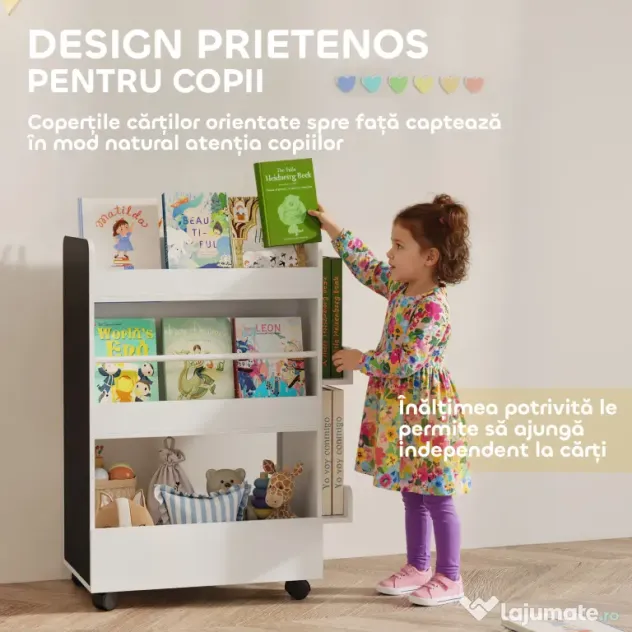 AIYAPLAY Bibliotecă pentru Copii 3-8 Ani pe Două Părți, Raft de Jucării cu Roți și Tablă Neagră, Alb | Aosom Romania