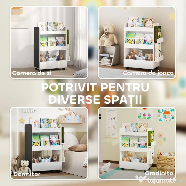 AIYAPLAY Bibliotecă pentru Copii 3-8 Ani pe Două Părți, Raft de Jucării cu Roți și Tablă Neagră, Alb | Aosom Romania