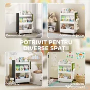 AIYAPLAY Bibliotecă pentru Copii 3-8 Ani pe Două Părți, Raft de Jucării cu Roți și Tablă Neagră, Alb | Aosom Romania