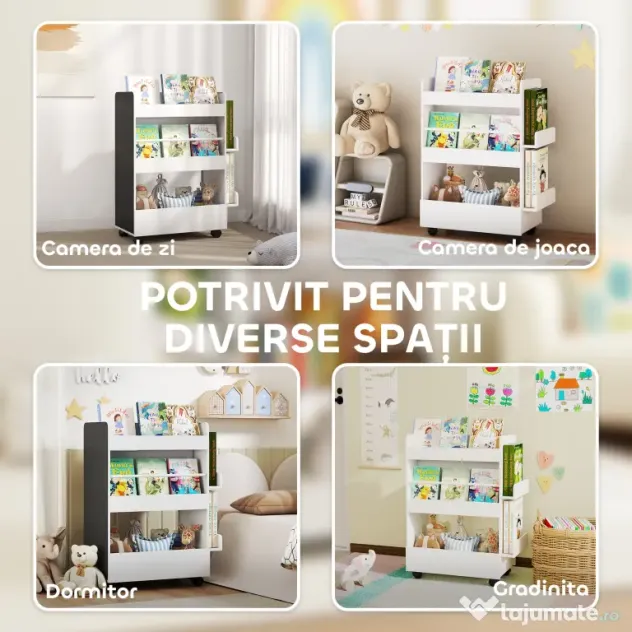 AIYAPLAY Bibliotecă pentru Copii 3-8 Ani pe Două Părți, Raft de Jucării cu Roți și Tablă Neagră, Alb | Aosom Romania