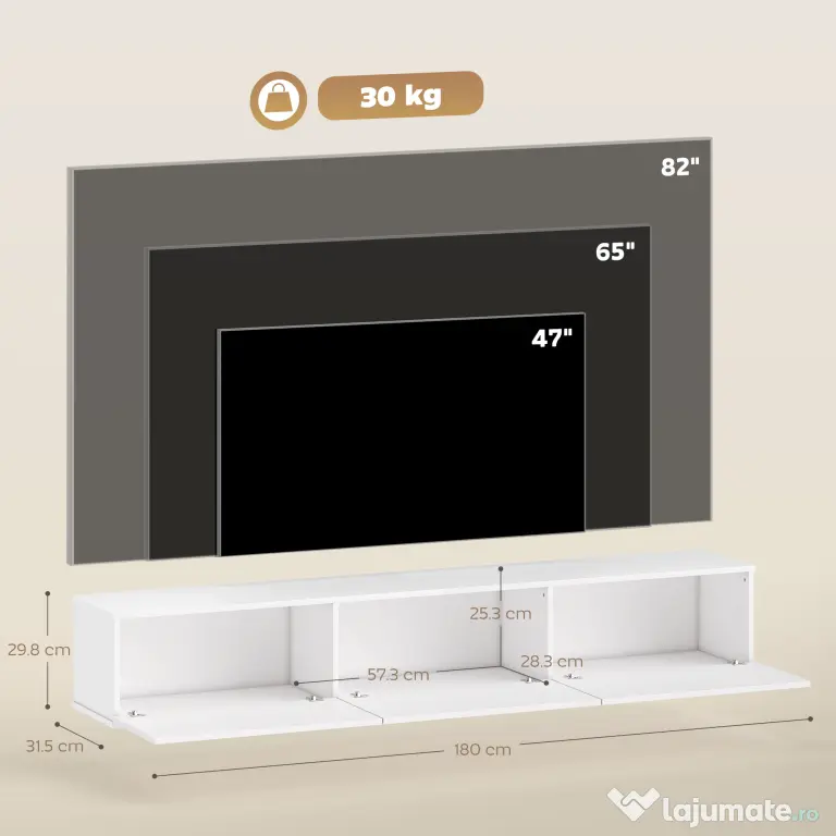 HOMCOM Mobilier TV Suspendat, Suport TV până la 82" cu 3 Dulapuri cu Uși Rabatabile Soft Close, Dulap pentru Televizor pentru Living, Dormitor și Salon, 180x31.5x29.8 cm, Alb Lucios | Aosom Romania