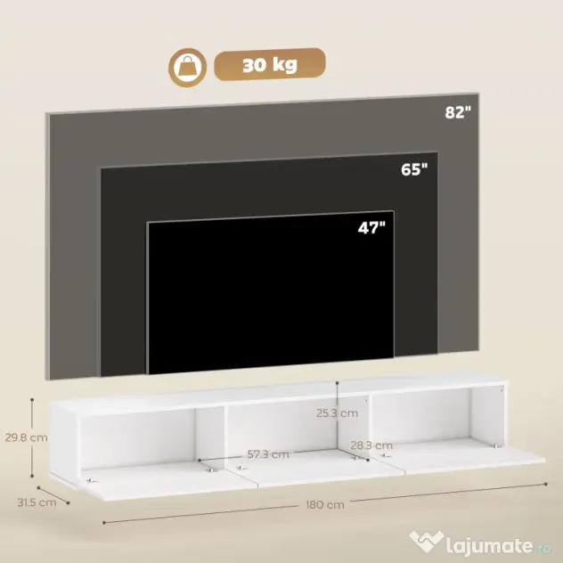 HOMCOM Mobilier TV Suspendat, Suport TV până la 82" cu 3 Dulapuri cu Uși Rabatabile Soft Close, Dulap pentru Televizor pentru Living, Dormitor și Salon, 180x31.5x29.8 cm, Alb Lucios | Aosom Romania