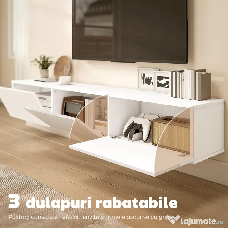 HOMCOM Mobilier TV Suspendat, Suport TV până la 82" cu 3 Dulapuri cu Uși Rabatabile Soft Close, Dulap pentru Televizor pentru Living, Dormitor și Salon, 180x31.5x29.8 cm, Alb Lucios | Aosom Romania