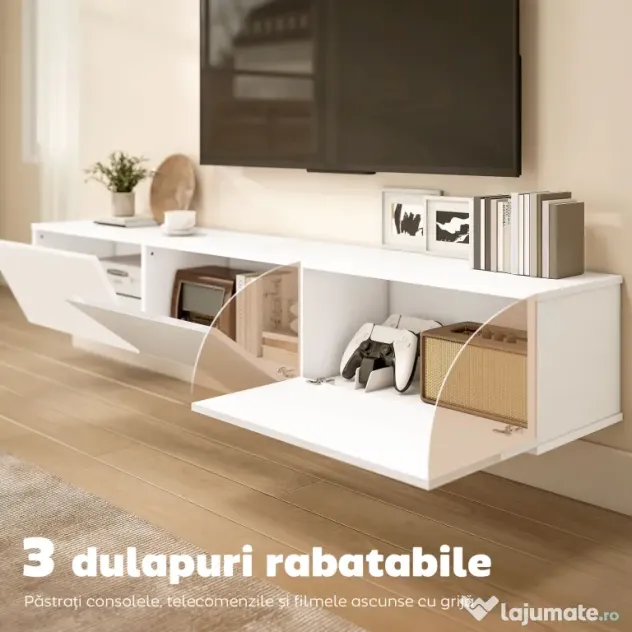 HOMCOM Mobilier TV Suspendat, Suport TV până la 82" cu 3 Dulapuri cu Uși Rabatabile Soft Close, Dulap pentru Televizor pentru Living, Dormitor și Salon, 180x31.5x29.8 cm, Alb Lucios | Aosom Romania