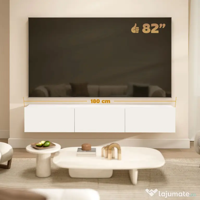 HOMCOM Mobilier TV Suspendat, Suport TV până la 82" cu 3 Dulapuri cu Uși Rabatabile Soft Close, Dulap pentru Televizor pentru Living, Dormitor și Salon, 180x31.5x29.8 cm, Alb Lucios | Aosom Romania