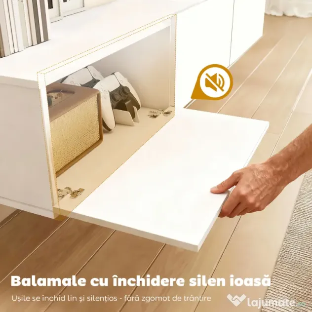 HOMCOM Mobilier TV Suspendat, Suport TV până la 82" cu 3 Dulapuri cu Uși Rabatabile Soft Close, Dulap pentru Televizor pentru Living, Dormitor și Salon, 180x31.5x29.8 cm, Alb Lucios | Aosom Romania