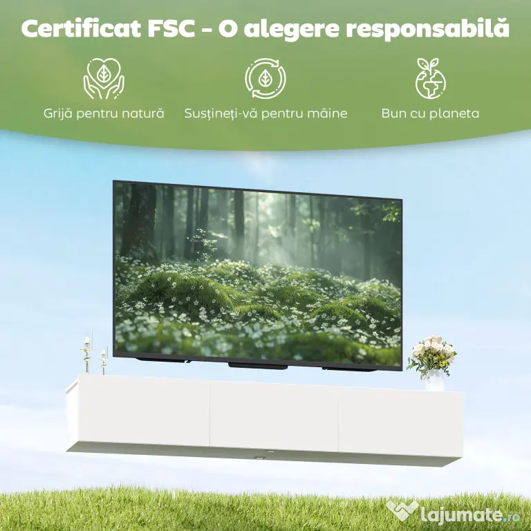 HOMCOM Mobilier TV Suspendat, Suport TV până la 82" cu 3 Dulapuri cu Uși Rabatabile Soft Close, Dulap pentru Televizor pentru Living, Dormitor și Salon, 180x31.5x29.8 cm, Alb Lucios | Aosom Romania