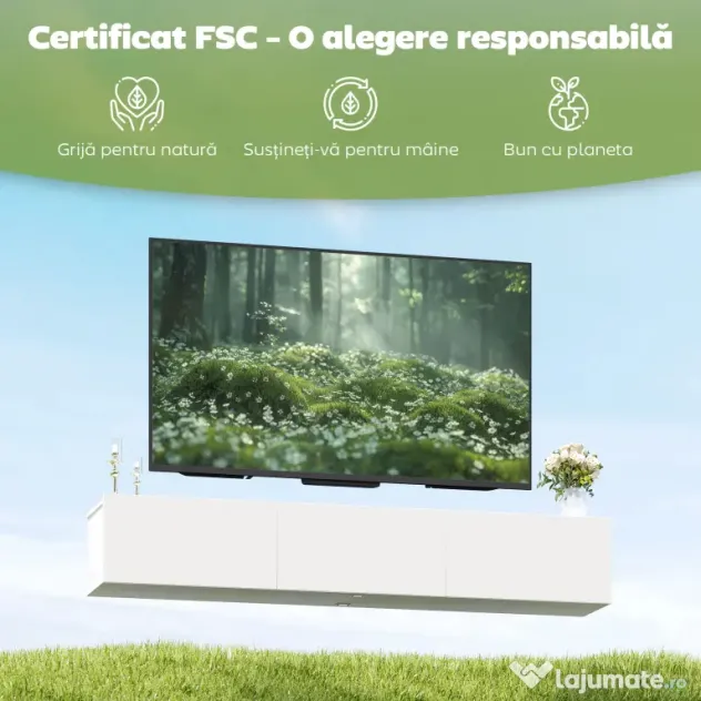 HOMCOM Mobilier TV Suspendat, Suport TV până la 82" cu 3 Dulapuri cu Uși Rabatabile Soft Close, Dulap pentru Televizor pentru Living, Dormitor și Salon, 180x31.5x29.8 cm, Alb Lucios | Aosom Romania