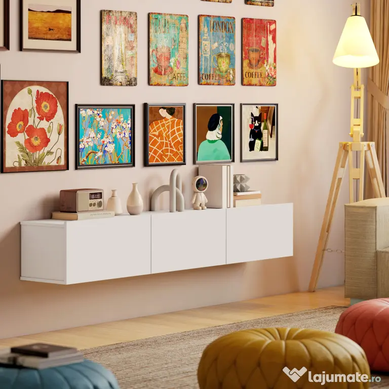 HOMCOM Mobilier TV Suspendat, Suport TV până la 82" cu 3 Dulapuri cu Uși Rabatabile Soft Close, Dulap pentru Televizor pentru Living, Dormitor și Salon, 180x31.5x29.8 cm, Alb Lucios | Aosom Romania