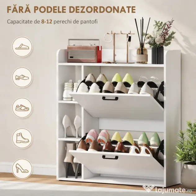 HOMCOM Dulap pentru pantofi slim cu 2 sertare rabatabile și 3 rafturi, Capacitate 15 perechi, 83x24x90.5 cm, Alb | Aosom Romania