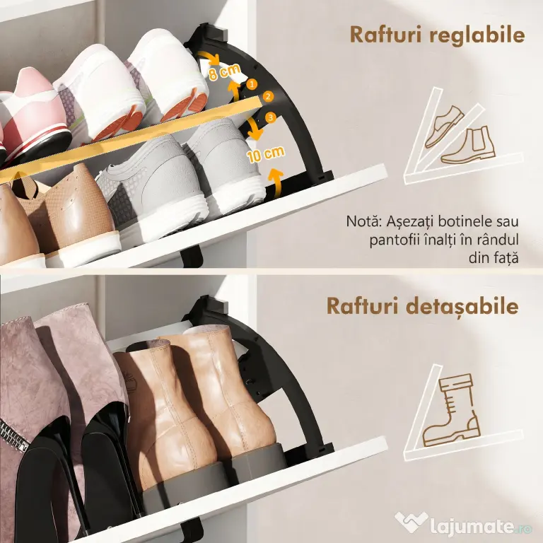 HOMCOM Dulap pentru pantofi slim cu 2 sertare rabatabile și 3 rafturi, Capacitate 15 perechi, 83x24x90.5 cm, Alb | Aosom Romania