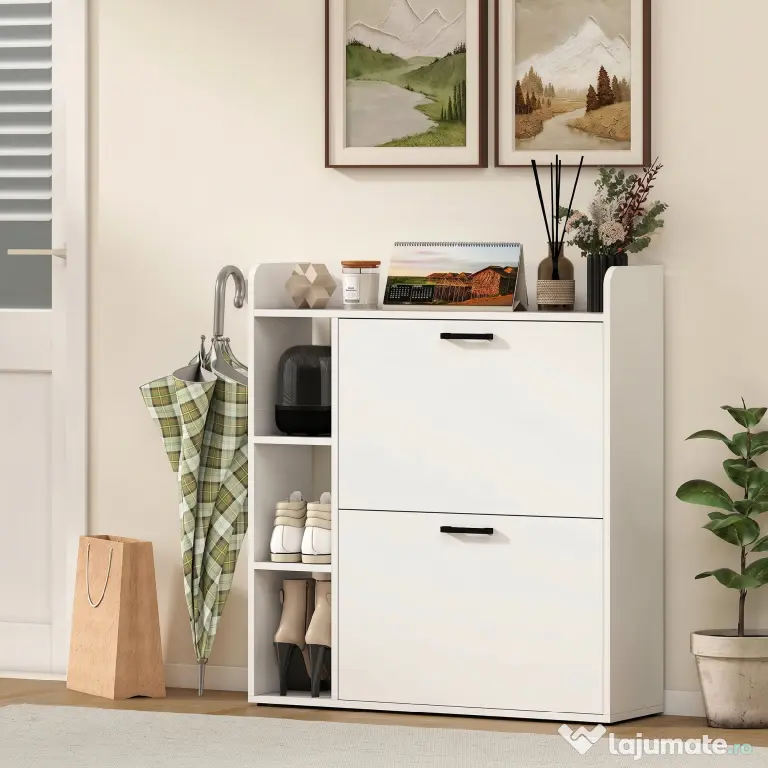 HOMCOM Dulap pentru pantofi slim cu 2 sertare rabatabile și 3 rafturi, Capacitate 15 perechi, 83x24x90.5 cm, Alb | Aosom Romania