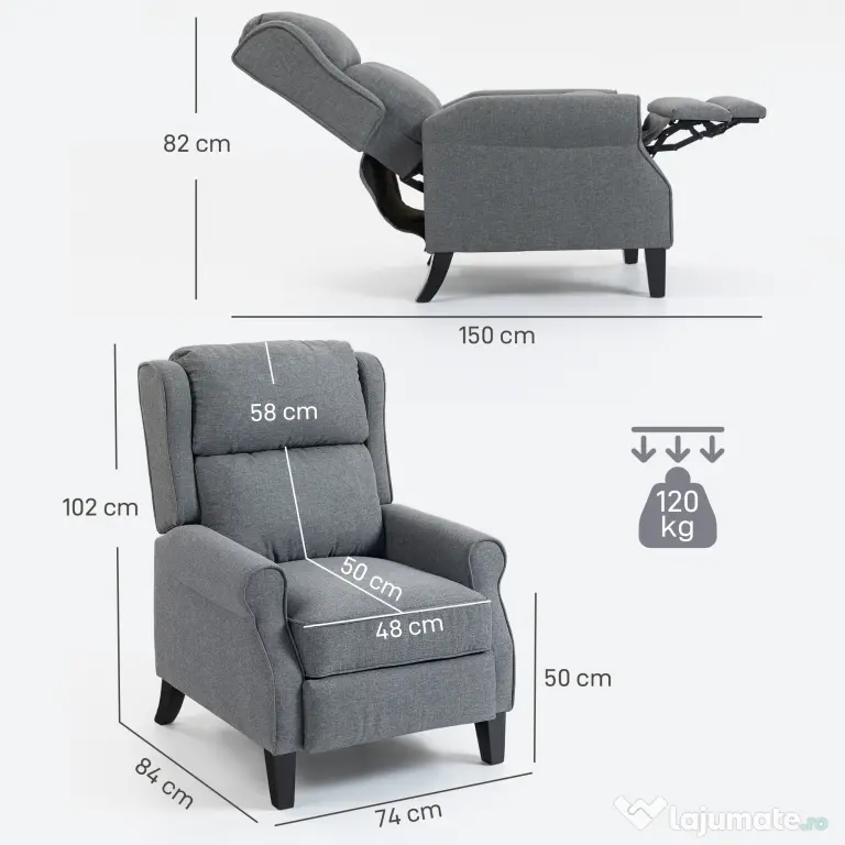 HOMCOM Fotoliu Reclinabil 132° max din Țesătură cu Efect de In cu Suport pentru Picioare, 74x84x102 cm, Gri | Aosom Romania
