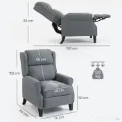 HOMCOM Fotoliu Reclinabil 132° max din Țesătură cu Efect de In cu Suport pentru Picioare, 74x84x102 cm, Gri | Aosom Romania