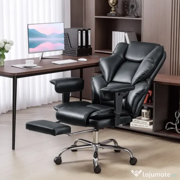 HOMCOM Scaun de birou cu suport pentru picioare și tetieră, din piele PU, spumă și metal, 76x73x117-125 cm, negru | Aosom Romania