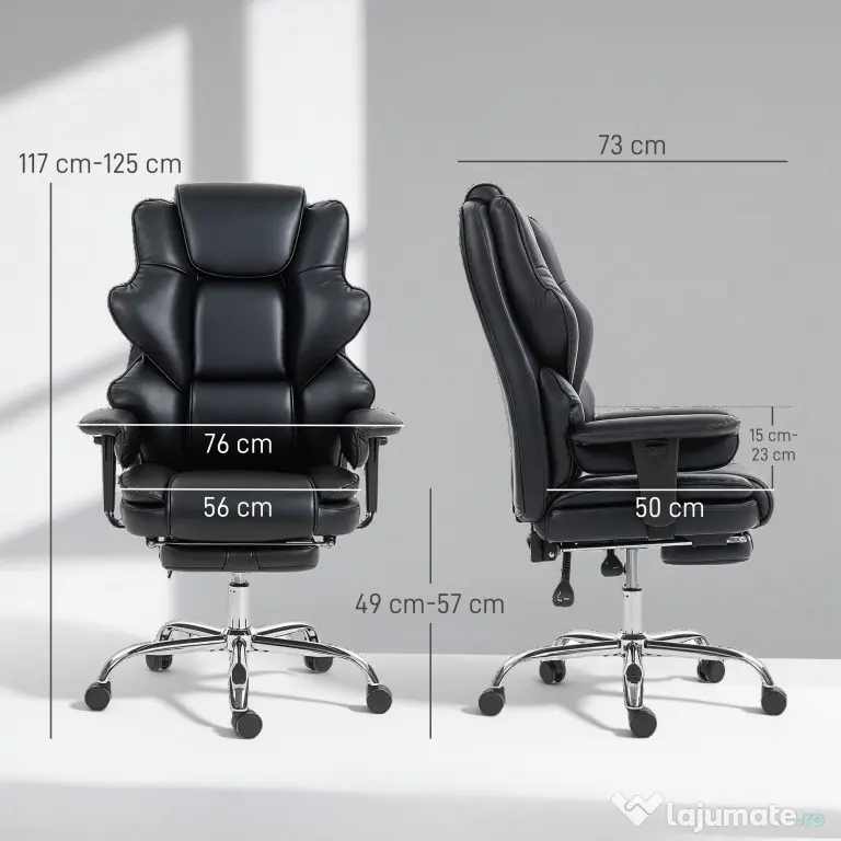 HOMCOM Scaun de birou cu suport pentru picioare și tetieră, din piele PU, spumă și metal, 76x73x117-125 cm, negru | Aosom Romania