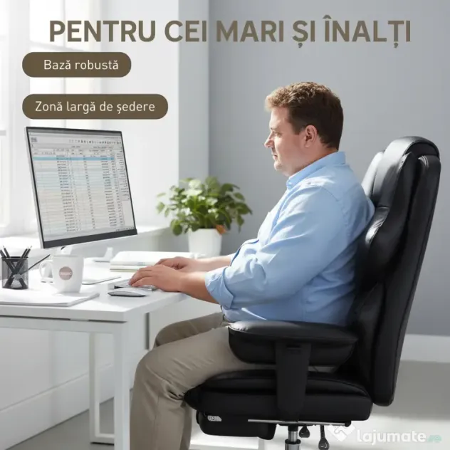 HOMCOM Scaun de birou cu suport pentru picioare și tetieră, din piele PU, spumă și metal, 76x73x117-125 cm, negru | Aosom Romania
