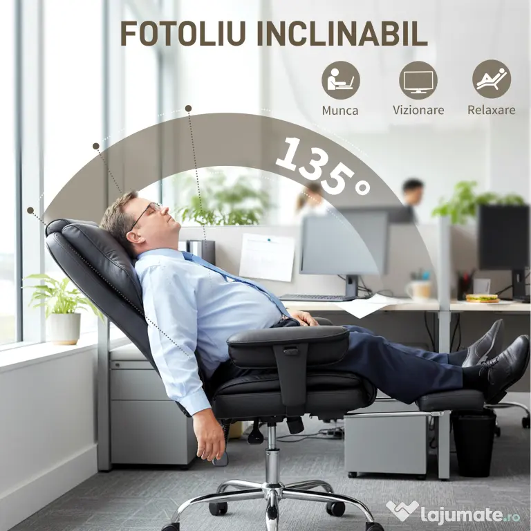 HOMCOM Scaun de birou cu suport pentru picioare și tetieră, din piele PU, spumă și metal, 76x73x117-125 cm, negru | Aosom Romania
