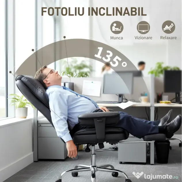 HOMCOM Scaun de birou cu suport pentru picioare și tetieră, din piele PU, spumă și metal, 76x73x117-125 cm, negru | Aosom Romania