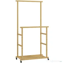 HOMCOM Suport pentru haine cu 2 bare, raft inferior și 4 roți din bambus, 80x40x160 cm, lemn natural | Aosom Romania