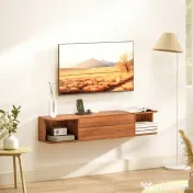 HOMCOM Suport TV suspendat până la 50" cu prize de curent, USB și tip C, sertar și rafturi, 120x24x22.4 cm, Nuc | Aosom Romania