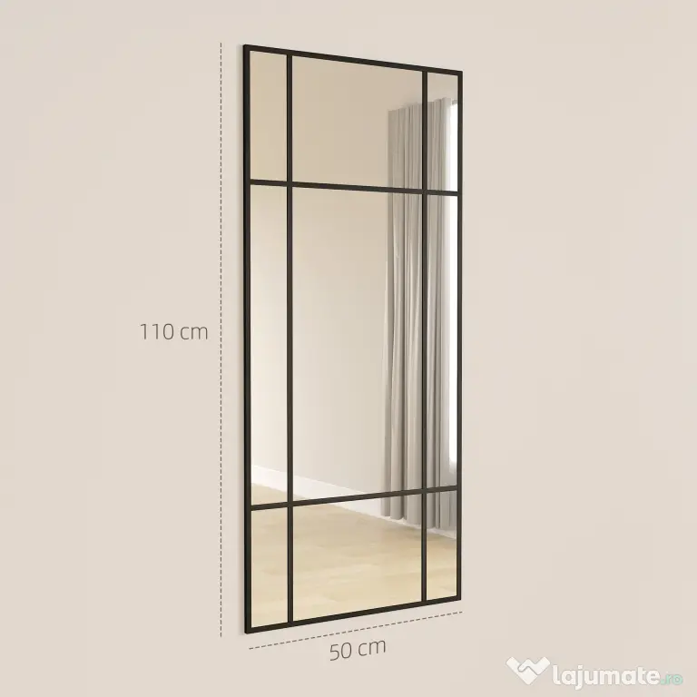 HOMCOM Oglindă de Perete Stil Fereastră cu Montaj Vertical și Orizontal, 110x50cm, Negru