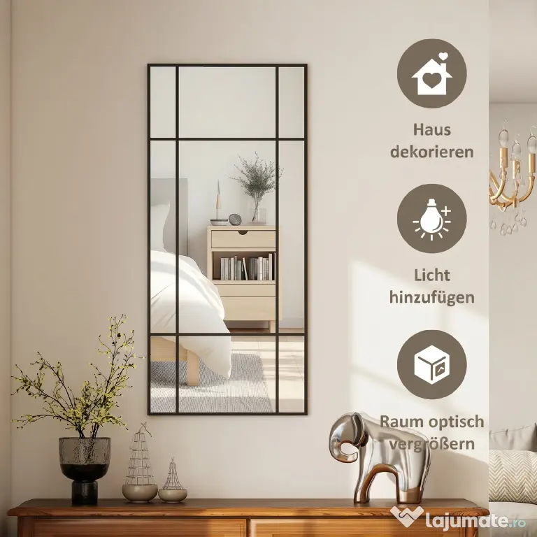HOMCOM Oglindă de Perete Stil Fereastră cu Montaj Vertical și Orizontal, 110x50cm, Negru
