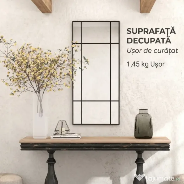 HOMCOM Oglindă de Perete Stil Fereastră cu Montaj Vertical și Orizontal, 110x50cm, Negru