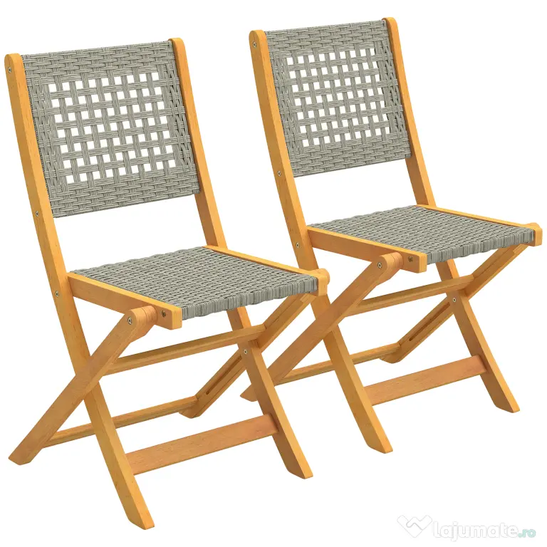 Outsunny Set de 2 Scaune de Grădină din Ratan PE, Scaune Pliabile de Exterior, Structură din Lemn de Salcâm, pentru Balcon, Terasă, Suport până la 160 kg, Gri | Aosom Romania
