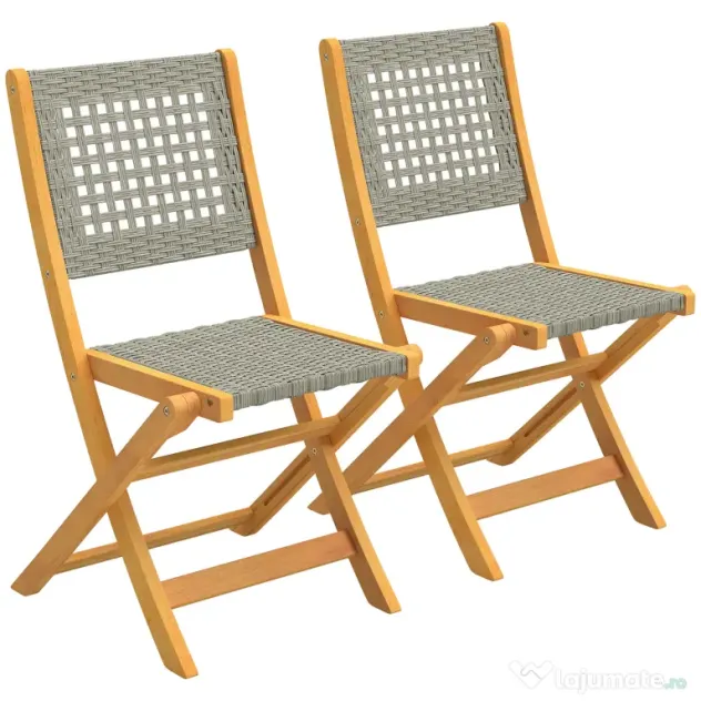 Outsunny Set de 2 Scaune de Grădină din Ratan PE, Scaune Pliabile de Exterior, Structură din Lemn de Salcâm, pentru Balcon, Terasă, Suport până la 160 kg, Gri | Aosom Romania