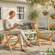 Outsunny Set de 2 Scaune de Grădină din Ratan PE, Scaune Pliabile de Exterior, Structură din Lemn de Salcâm, pentru Balcon, Terasă, Suport până la 160 kg, Gri | Aosom Romania