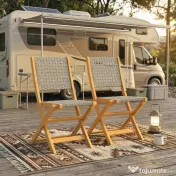 Outsunny Set de 2 Scaune de Grădină din Ratan PE, Scaune Pliabile de Exterior, Structură din Lemn de Salcâm, pentru Balcon, Terasă, Suport până la 160 kg, Gri | Aosom Romania