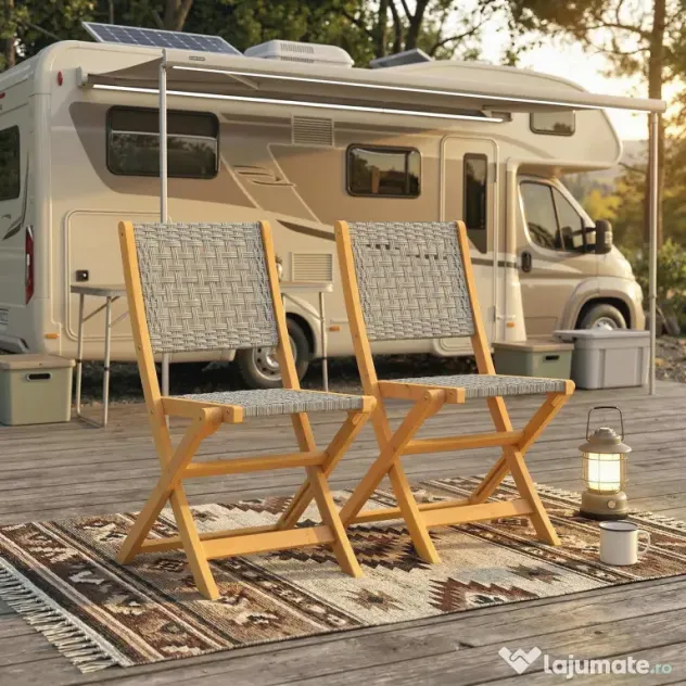 Outsunny Set de 2 Scaune de Grădină din Ratan PE, Scaune Pliabile de Exterior, Structură din Lemn de Salcâm, pentru Balcon, Terasă, Suport până la 160 kg, Gri | Aosom Romania