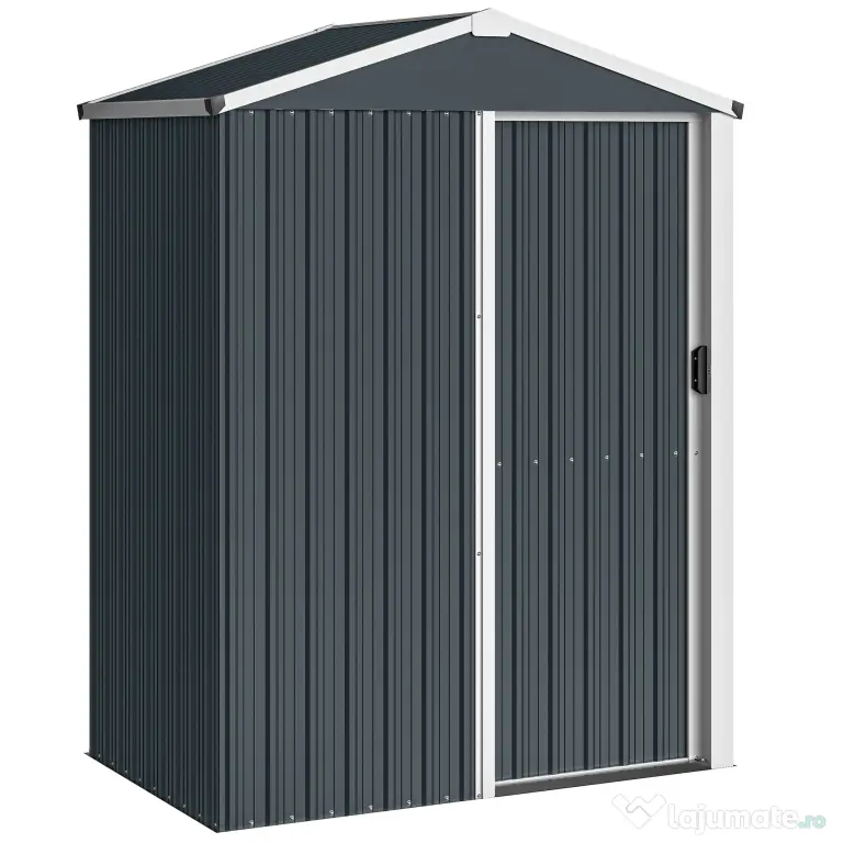 Outsunny Magazie de Grădină 1,1m² din Oțel Galvanizat, Magazie de Grădină cu Ușă Glisantă Blocabilă, Acoperiș Înclinat, Mănuși, Magazie pentru Unelte, 136x87x179 cm, Gri Închis | Aosom Romania