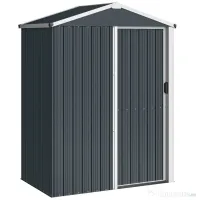 Outsunny Magazie de Grădină 1,1m² din Oțel Galvanizat, Magazie de Grădină cu Ușă Glisantă Blocabilă, Acoperiș Înclinat, Mănuși, Magazie pentru Unelte, 136x87x179 cm, Gri Închis | Aosom Romania
