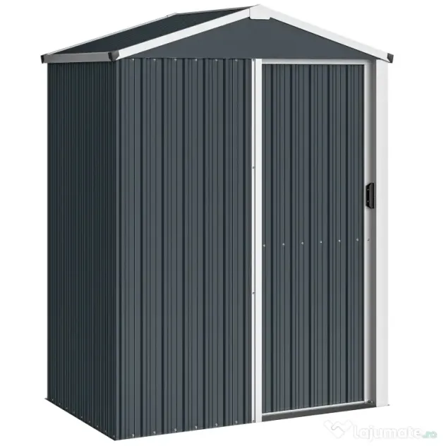Outsunny Magazie de Grădină 1,1m² din Oțel Galvanizat, Magazie de Grădină cu Ușă Glisantă Blocabilă, Acoperiș Înclinat, Mănuși, Magazie pentru Unelte, 136x87x179 cm, Gri Închis | Aosom Romania