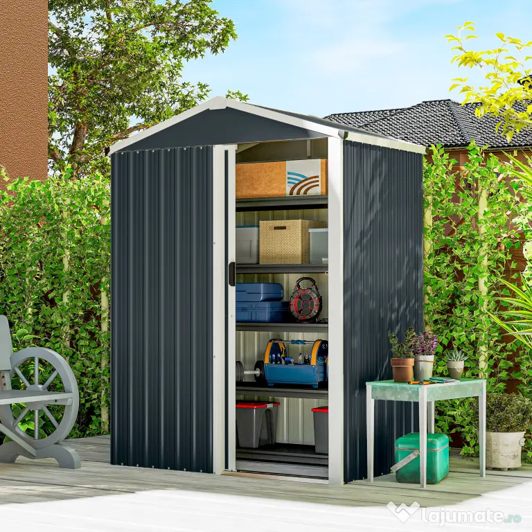 Outsunny Magazie de Grădină 1,1m² din Oțel Galvanizat, Magazie de Grădină cu Ușă Glisantă Blocabilă, Acoperiș Înclinat, Mănuși, Magazie pentru Unelte, 136x87x179 cm, Gri Închis | Aosom Romania