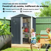 Outsunny Magazie de Grădină 1,1m² din Oțel Galvanizat, Magazie de Grădină cu Ușă Glisantă Blocabilă, Acoperiș Înclinat, Mănuși, Magazie pentru Unelte, 136x87x179 cm, Gri Închis | Aosom Romania