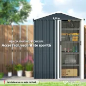Outsunny Magazie de Grădină 1,1m² din Oțel Galvanizat, Magazie de Grădină cu Ușă Glisantă Blocabilă, Acoperiș Înclinat, Mănuși, Magazie pentru Unelte, 136x87x179 cm, Gri Închis | Aosom Romania