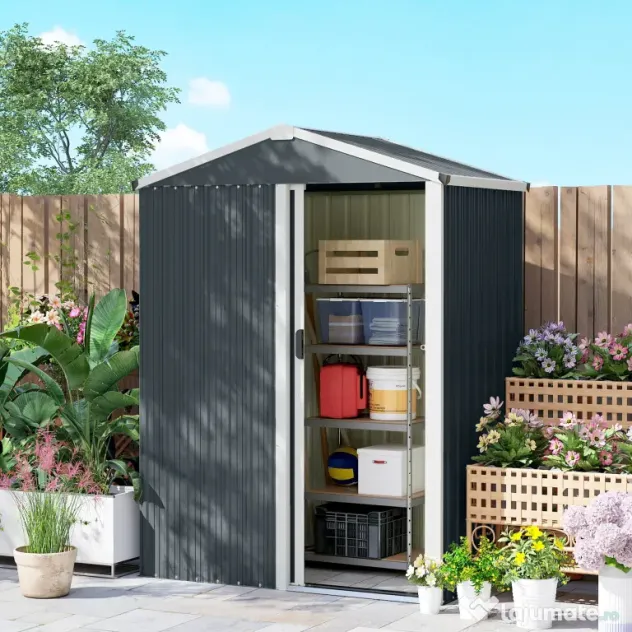 Outsunny Magazie de Grădină 1,1m² din Oțel Galvanizat, Magazie de Grădină cu Ușă Glisantă Blocabilă, Acoperiș Înclinat, Mănuși, Magazie pentru Unelte, 136x87x179 cm, Gri Închis | Aosom Romania