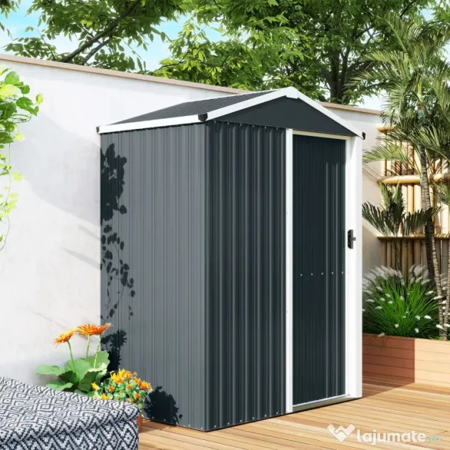 Outsunny Magazie de Grădină 1,1m² din Oțel Galvanizat, Magazie de Grădină cu Ușă Glisantă Blocabilă, Acoperiș Înclinat, Mănuși, Magazie pentru Unelte, 136x87x179 cm, Gri Închis | Aosom Romania