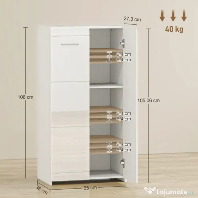 HOMCOM Dulap pentru Pantofi Lucios, Mobilier Modern cu Rafturi Reglabile pentru Hol, Coridor, Capacitate 10 Perechi, Alb | Aosom Romania