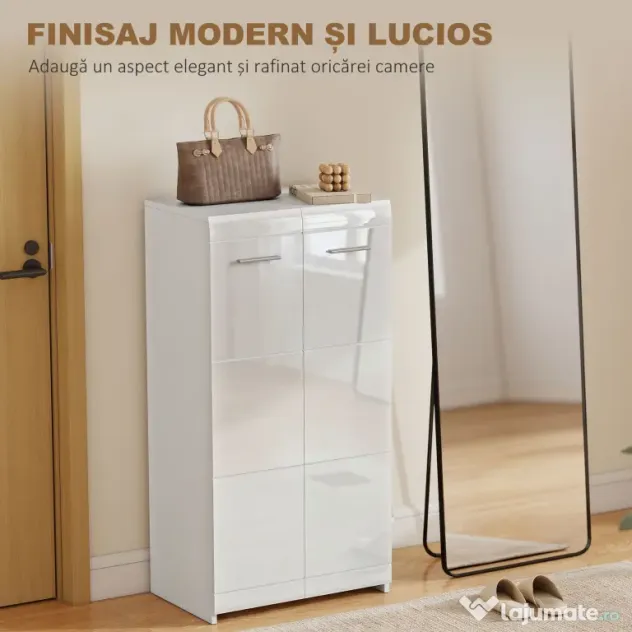 HOMCOM Dulap pentru Pantofi Lucios, Mobilier Modern cu Rafturi Reglabile pentru Hol, Coridor, Capacitate 10 Perechi, Alb | Aosom Romania