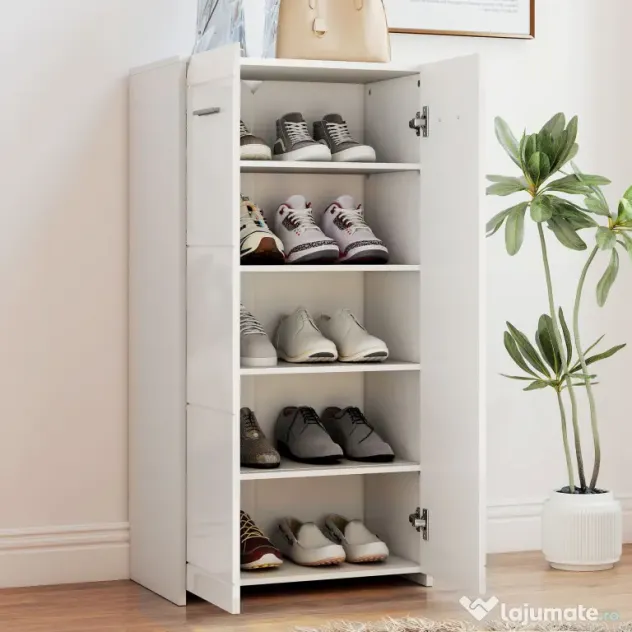 HOMCOM Dulap pentru Pantofi Lucios, Mobilier Modern cu Rafturi Reglabile pentru Hol, Coridor, Capacitate 10 Perechi, Alb | Aosom Romania